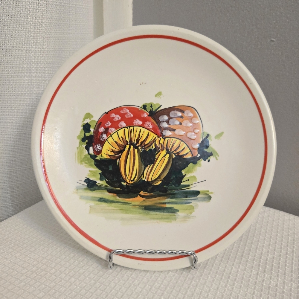 Vtg Handpainted Mushroom Plate 8 in Red Band Dish 70s Italy Decorative Retro